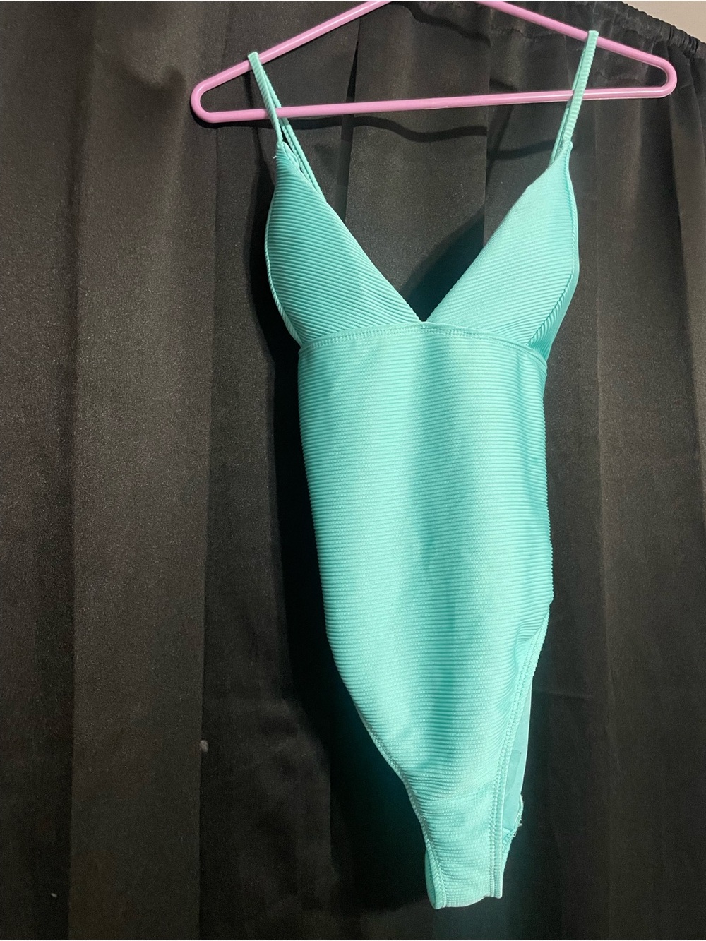 Revamped Aqua Ribbed V-Neck One-Piece with Adjustable Straps